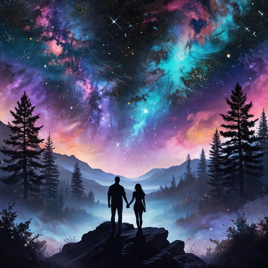 A dreamlike landscape depicting a starry night sky filled with swirling galaxies and constellations, casting a soft glow on two silhouettes holding hands below. Ethereal symbols representing love, connection, and cosmic energy floating around them, blending seamlessly into the cosmic background. Include hints of colorful nebulae and shooting stars adding a touch of magic. vibrant colors. surreal art.