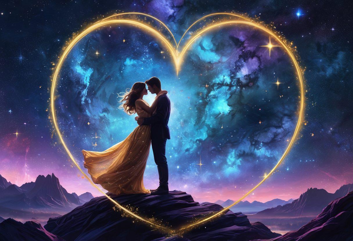 A dreamy cosmic landscape depicting swirling galaxies and twinkling stars, with intertwined constellations symbolizing love and romance. Ethereal figures representing lovers drifting through space, surrounded by glowing heart-shaped nebulae and shooting stars. Elements of astrology and celestial maps subtly integrated into the background. The color palette should be rich with deep blues, purples, and sparkling golds. super-realistic. vibrant colors.