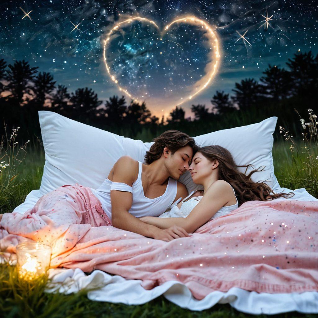 A romantic couple lying on a blanket under a starry night sky, surrounded by twinkling stars and a glowing full moon. The scene should convey a sense of intimacy and wonder, with ethereal constellations forming heart shapes above them. Soft, warm colors to evoke feelings of love and passion. The foreground features subtle flowers and soft grass, enhancing the atmosphere of romance. dreamy, vibrant colors, super-realistic.